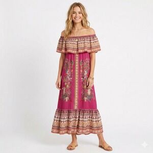 Umgee Women's Small Pink Boho Off the Shoulder Floral Ruffle Midi Summer Dress